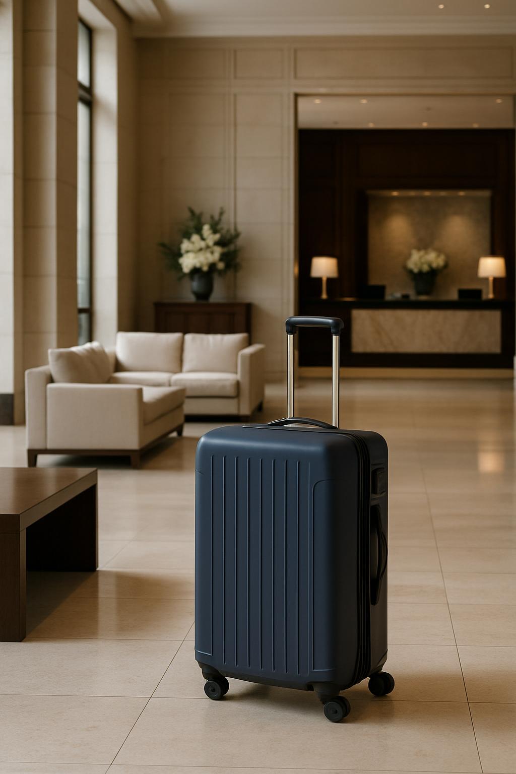 A minimalist gray suitcase with a retractable handle stands prominently in a spacious lobby, featuring a roomy and modern ...