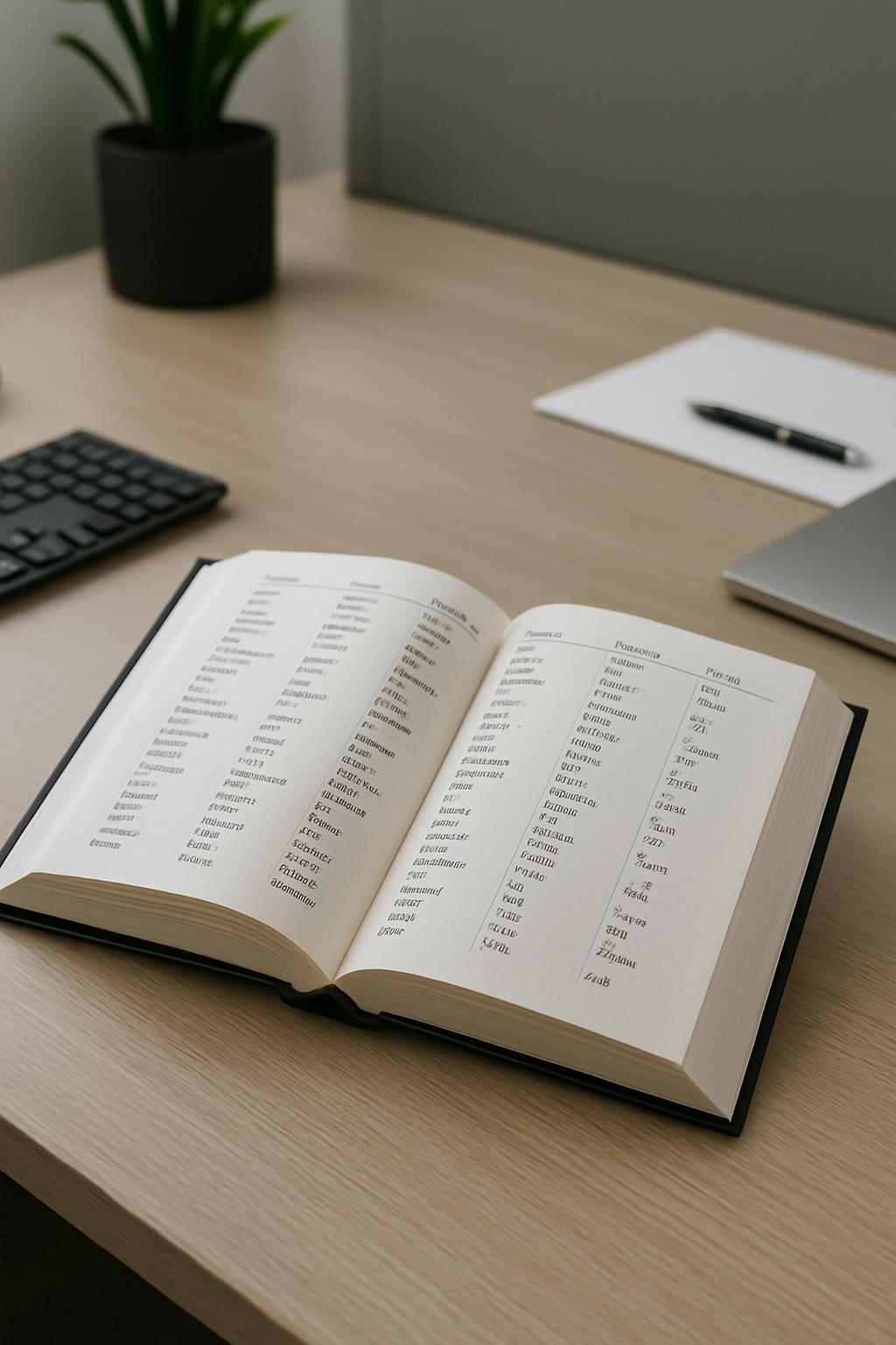 Image of a book opened on a desk with a calculator, plant, and notepad in the background