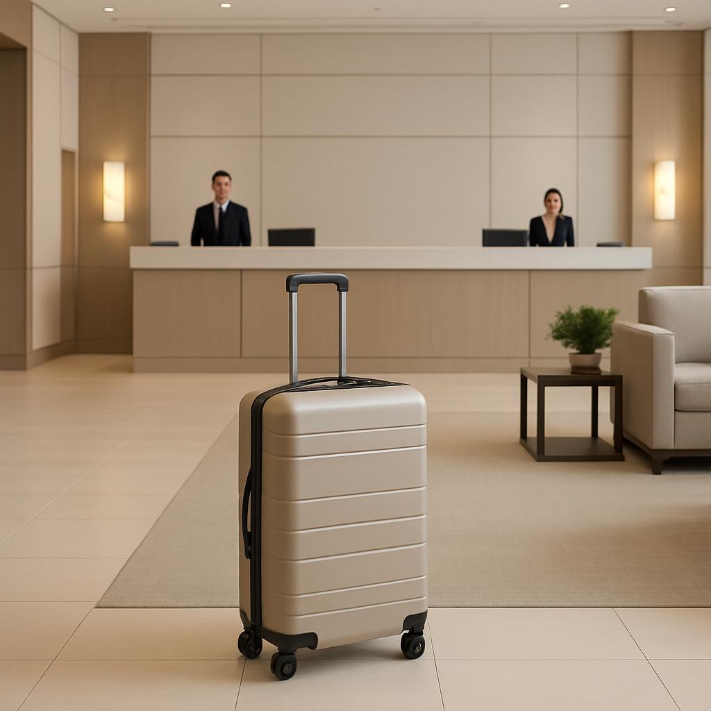 A beige suitcase with black wheels and handle in front of a hotel lobby. The lower half of a beige couch is on the right, ...