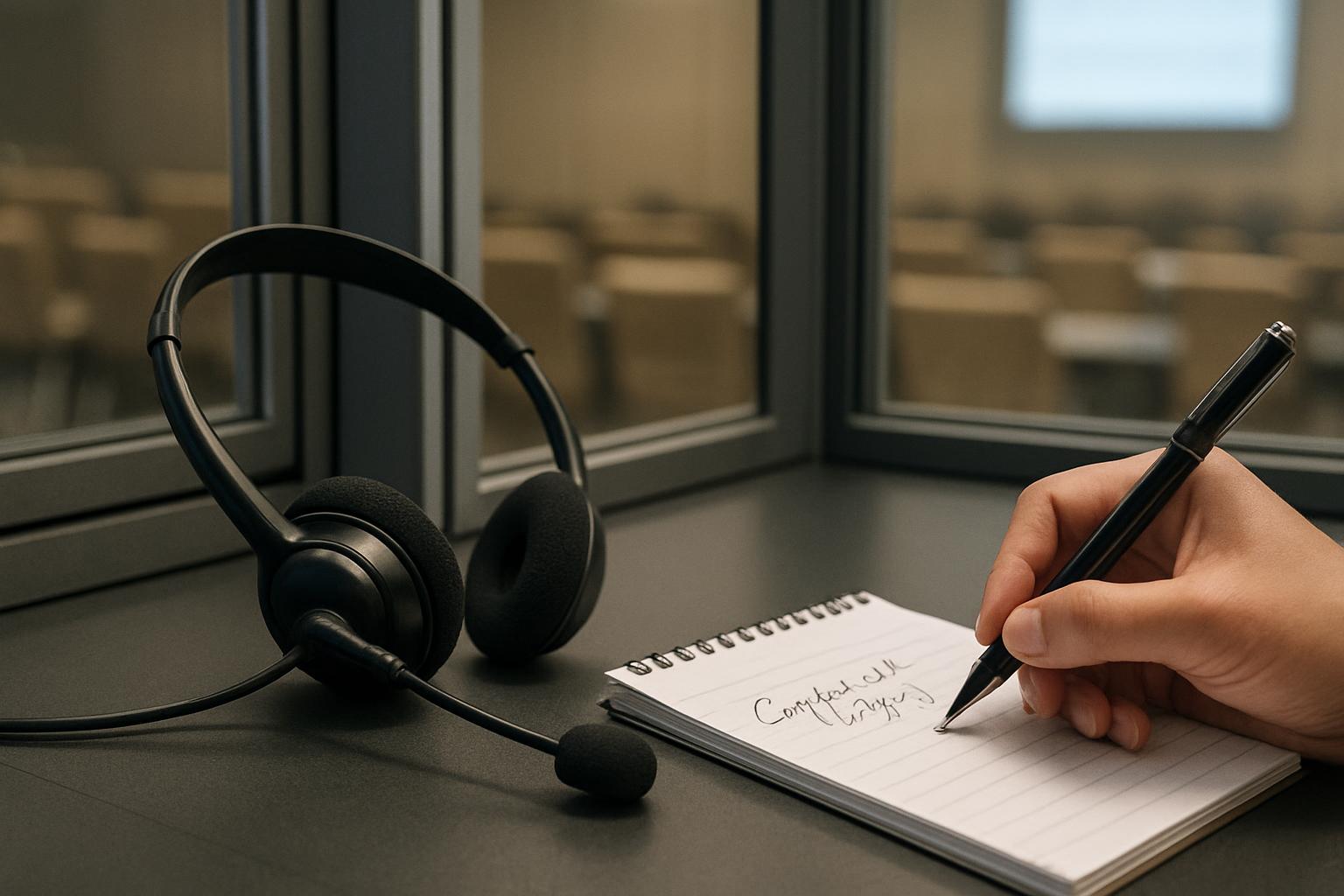 A hand writing "Conference Call Being Recorded" in black ink on a spiral notebook with a beige background. The hand is hol...