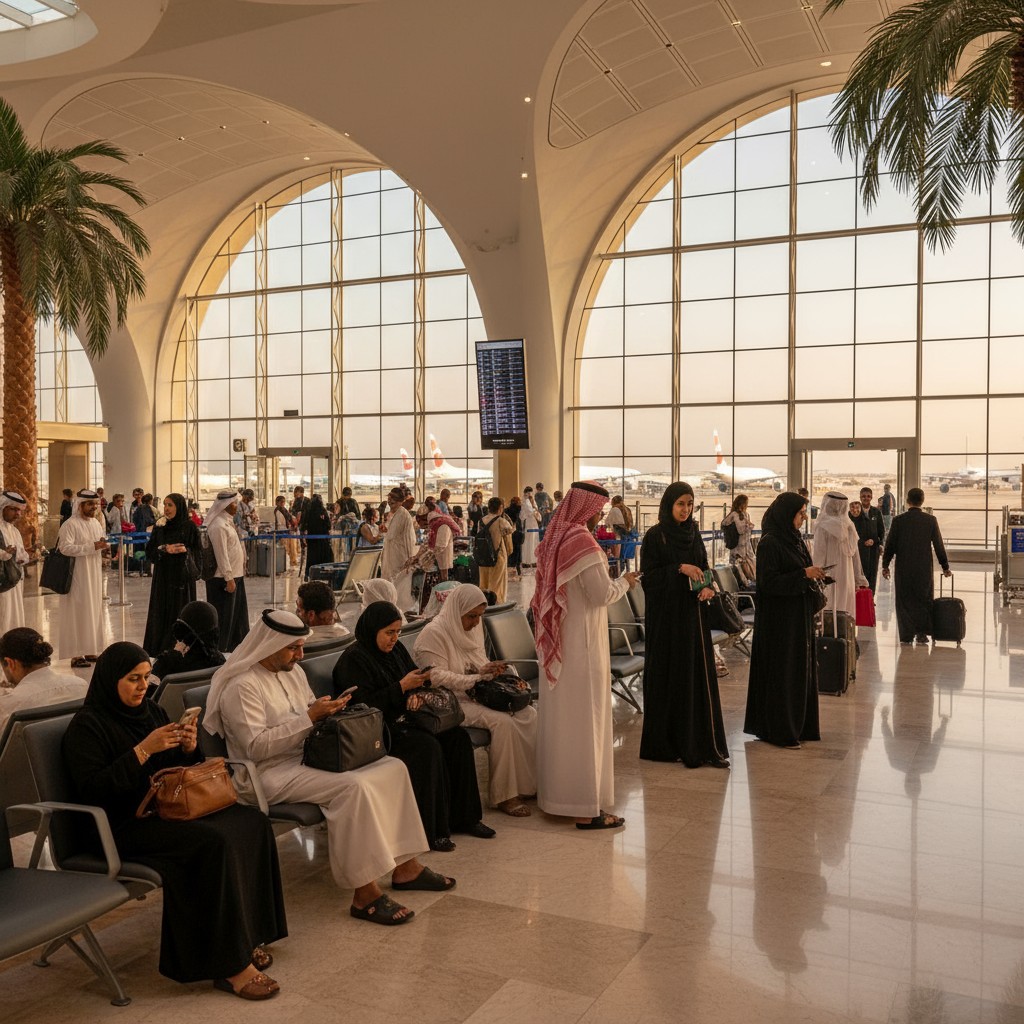Alt text: A crowded airport terminal with people in traditional Islamic clothing amidst a backdrop of airplanes.