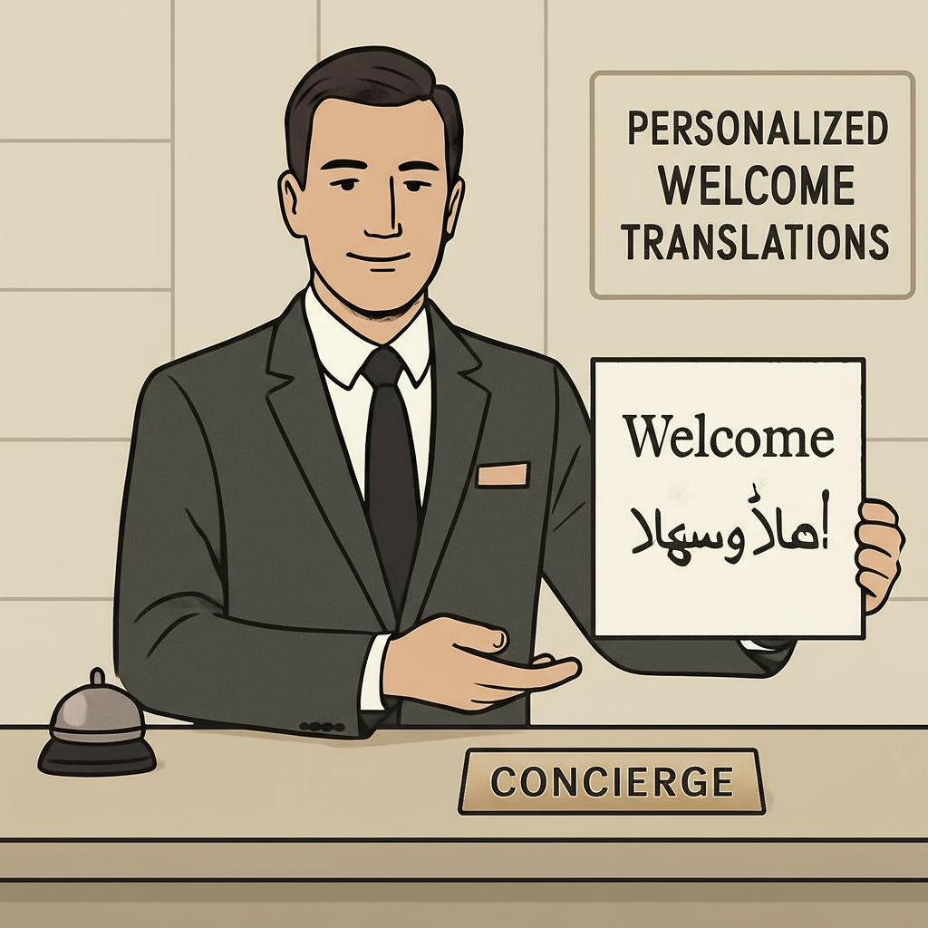 Regenerate the image of a concierge holding a placard, but adjust the text on the placard so it appears in both English and Arabic.